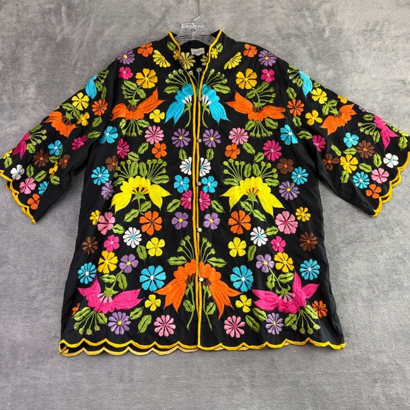 Leandra Crochet Embroidered Floral Bird Jacket Kimono XL Black Colorful Art VTG - Picture 1 of 9